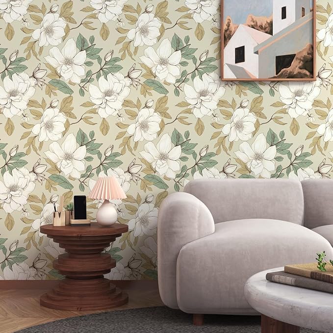 Beige Floral Wallpaper Peel and Stick, White Flowers Contact Paper, Vintage Botanical Boho Wall Paper Waterproof Self Adhesive Removable for Room Shelves Cabinet Drawer Table Decor 17.5" x 118"