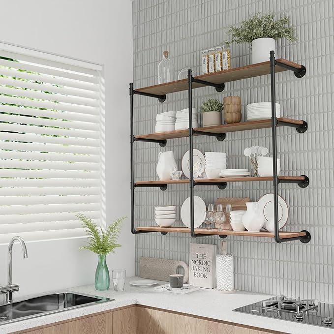 Industrial Pipe Shelf Brackets Wall Mount, Open Black Pipe Shelving for Kitchen,Floating Shelf Brackets Mount,Open Bookshelf Brackets for Shelves,Wall Shelves 12 Inch Deep,(2PcsX3Tier,47