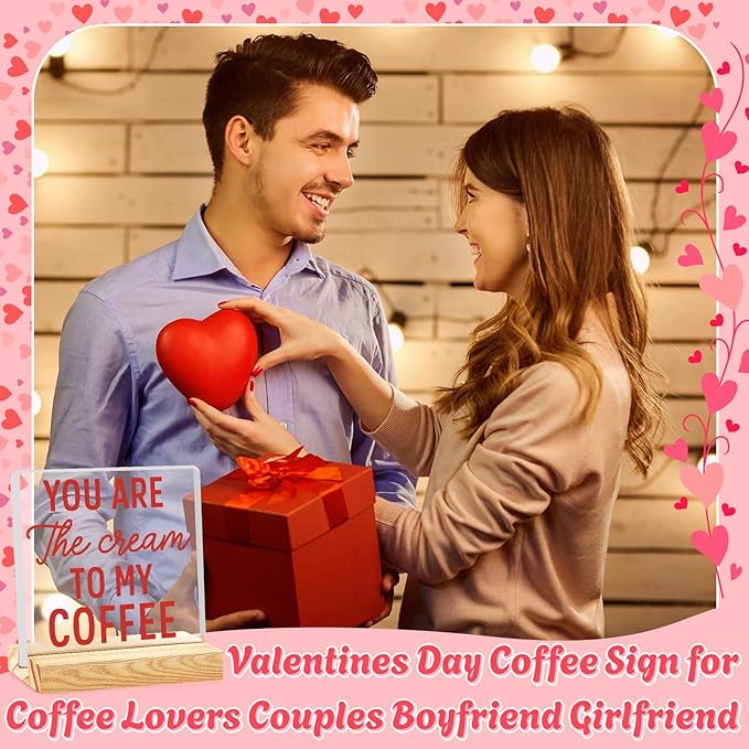 Valentines Coffee Desk Decor, Valentine's Day Gifts for Lover Bar Station, Valentine Home Office Table Sign for Kitchen Shelf Tiered Tray, Cafe Tabletop Decoration to Couples, Cream To My Coffee