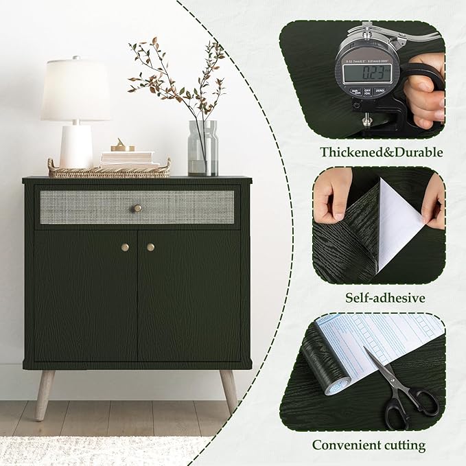 Wood Contact Paper Dark Green Peel and Stick Wallpaper,Thicken No Tear Vinyl Wrap Sticker, Self Adhesive Waterproof Faux Wood Grain Wallpaper Cover Cabinets Desk Furniture Decoration17.7
