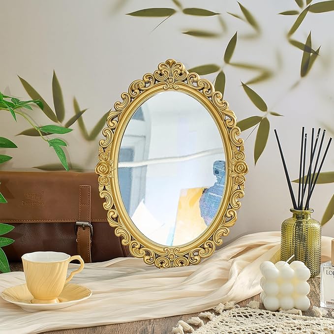 2 Pcs Vintage Decorative Gold Mirror Set Including 12.6
