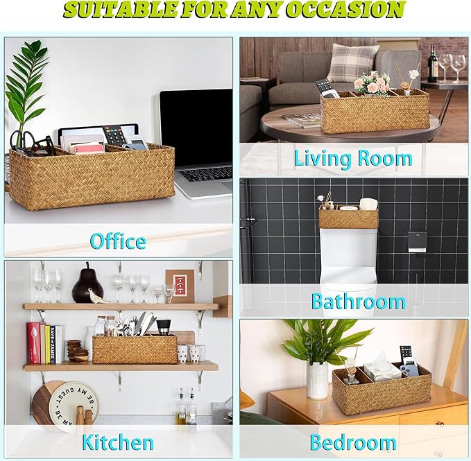 ELLDOO Woven Seagrass Wicker Rattan Storage Basket, Large Capacity Coffee Pod Holder Organizer for K Cup Nespresso Pods, 3-Section Seagrass Storage Box for Coffee bar Shelves Kitchen Cabinets,Brown