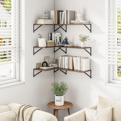 Heimlove 24" W x 12" D Wall Shelves for Books, 12 Inch Deep Floating Shelves Set of 3, Wide Floating Bookshelf with Metal Bracket for Living Room, Kitchen, Office, Bedroom and Decor Storage - Walnut