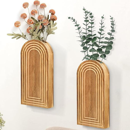 2 Pack Wall Decor Wood Wall Planters for Indoor Plants, Modern Wall Planter for Bathroom, Living Room, Kitchen Decor, Farmhouse Wood Vase for Decor Dried Flowers and Faux Greenery (Rustic Brown)
