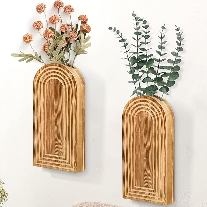2 Pack Wall Decor Wood Wall Planters for Indoor Plants, Modern Wall Planter for Bathroom, Living Room, Kitchen Decor, Farmhouse Wood Vase for Decor Dried Flowers and Faux Greenery (Rustic Brown)