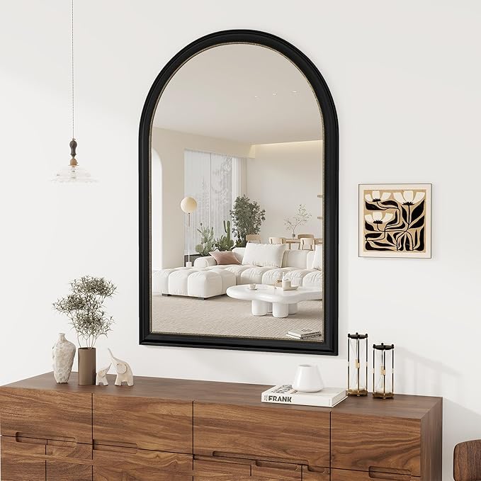 Axeman 32x48 Arched Wall Mirror, Decorative Bathroom Mirror, Traditional Vintage Wall Mounted Mirror with Beaded Frame for Accent Living Room Vanity Bedroom Entryway, Black