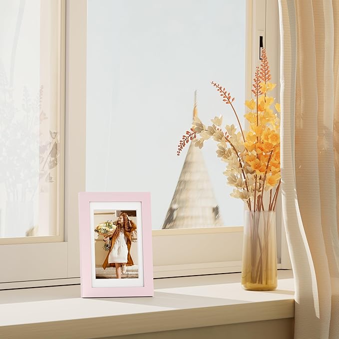 Vittanly 4x6 Picture Frames Set of 4, Display Pictures 3.5x5 with Mat or 4x6 without Mat, Small Photo Frames for Wall or Tabletop Display, Engineered Wood with Shatter Resistant Plexiglass, Pale Pink