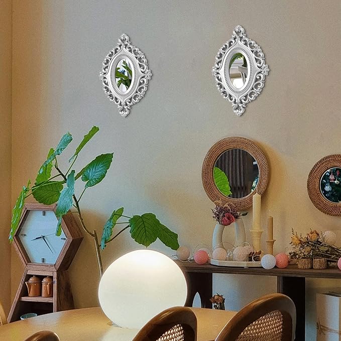 Cityelf 2 Set Oval Wood Carved Wall Mirror Baroque 3D Relief Rustic Home Decor Small Decorative Hanging Mirrors for Living Room, Bedroom Entrance Wall Sculpture