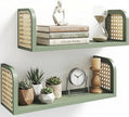 Green Rattan Shelf Set of 2, Cute Nursery Shelves Wall Mounted, Natural Hanging Bookshelf Storage, Boho Decorative Floating Shelves for Kids Room, Living Room, Play Room, Bedroom, Home Decor