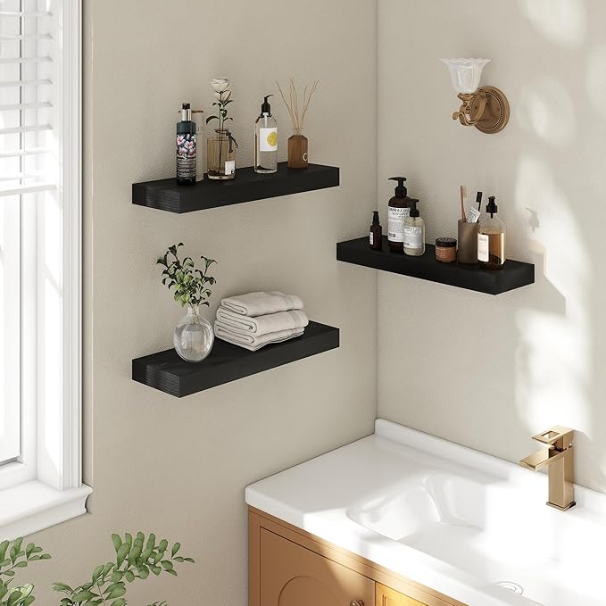 20 Inch Floating Shelves | 6.5 Inch Deep Black Floating Shelves Set of 2 | 20" W x 6.5" D Rustic Black Wood Wall Shelves with Invisible Brackets for Bathroom Living Room Bedroom