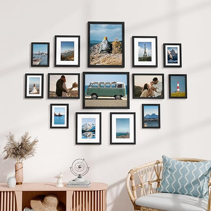 Vittanly Picture Frames Set of 14, Gallery Wall Frame Set with 2Pcs 11x14, 6Pcs 8x10 and 6Pcs 5x7 Photo Frames, Picture Frames Collage Wall Decor for Wall or Tabletop Display, Black