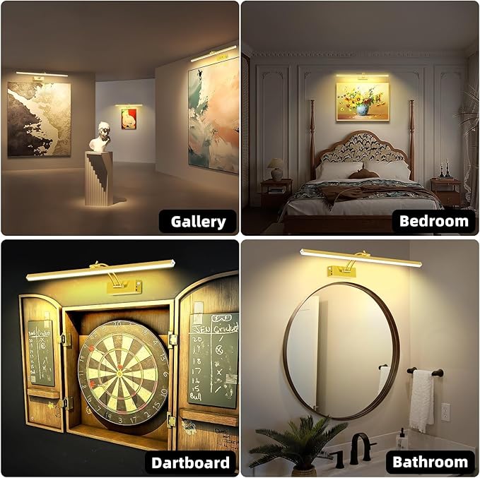 4 Pack Picture Lights for Wall, 23in Art Lighting for Paintings Cordless, 6400mAh Rechargeable Battery Operated Picture Light with Remote Dimmable and Timer for Artwork, Gallery, Display, Gold