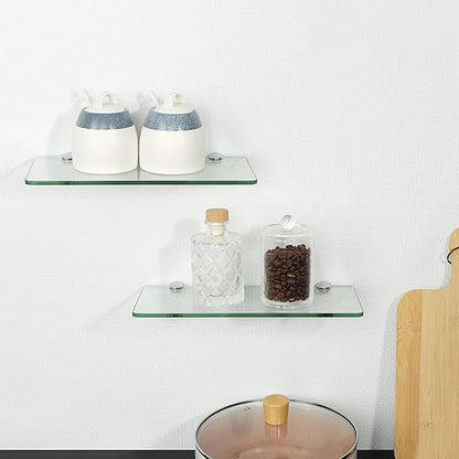 SAYAYO Glass Floating Shelves for Wall, Tempered Glass Shelves for Bathroom, Living Room, Bedroom, Office, Toilet, Kitchen Decor, 12 Inch Set of 2, Clear