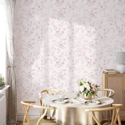 Ismoon Floral Peel and Stick Wallpaper Pink Stick on Wall Paper Vintage French Contact Paper for Cabinet Textured Removable Self Adhesive Wallpaper Vinyl Roll Shelf Deco, 17.3x196in