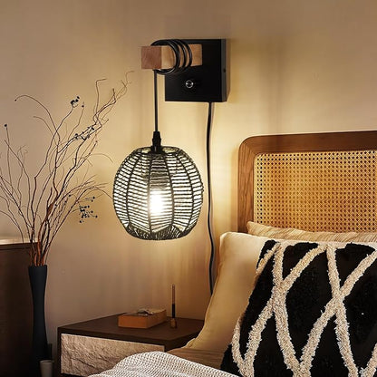 N01 100% Dimmer Wall Sconce with Hand Woven Rattan Boho Wall Lamp Farmhouse Wall Mount Light Fixture Plug in Wall Sconces for Bedroom Living Room Kitchen