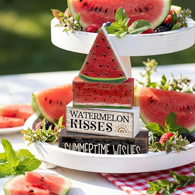 4 Pcs Summer Table Decor Wooden Watermelon Tiered Tray Decor Rustic Farmhouse Watermelon Block Signs Gifts Summer Tabletop Centerpieces for Home Kitchen Coffee Bar Decorations