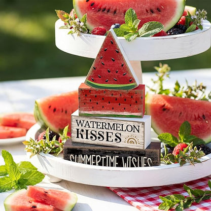 4 Pcs Summer Table Decor Wooden Watermelon Tiered Tray Decor Rustic Farmhouse Watermelon Block Signs Gifts Summer Tabletop Centerpieces for Home Kitchen Coffee Bar Decorations
