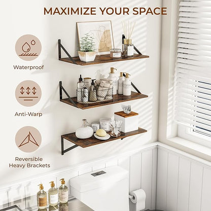 24"W x 12"D Wall Shelves for Books, 12 Inch Deep Floating Shelves Set of 3, Wide Floating Bookshelf with Metal Bracket for Living Room, Kitchen, Office, Bedroom and Decor Storage - Rustic Brown
