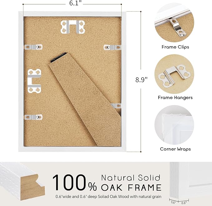 puthiac 6x8 Solid Oak Wood Picture Frame, Fits 5x7 with Mat or 6x8 Without Mat, Wall or Tabletop Display with Stand, Vertical or Horizontal, Plexi Front, 3 Pack, White