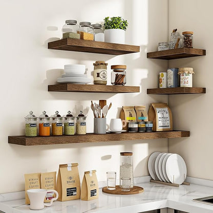 16 Inch Floating Shelves, 16"x9.25"x1.5" Inch Deep Floating Shelves for Wall, Wooden Shelves for Bathroom, Bedroom, Living Room, Brown, 2 Pieces