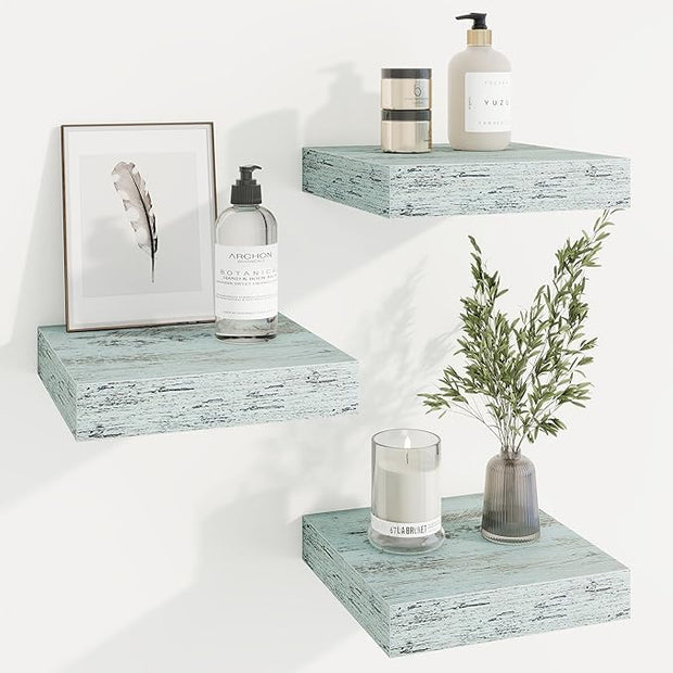 Marsmiles Square Floating Shelves for Wall, 10" W x 10" D x 1.25" H, 3 Packs Small Wall Mounted Engineered Wood Shelves with Invisible Brackets for Living Room, Bedroom, Bathroom, Kitchen Decor, Blue