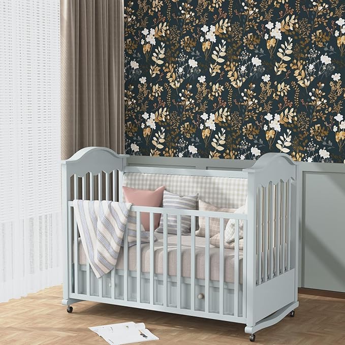 Navy Floral Wallpaper Peel and Stick Boho Wallpaper Vintage Blue/Gold Leaf Contact Paper Waterproof Self Adhesive Modern Wall Paper for Cabinet Walls Kitchen 17.5in x118in