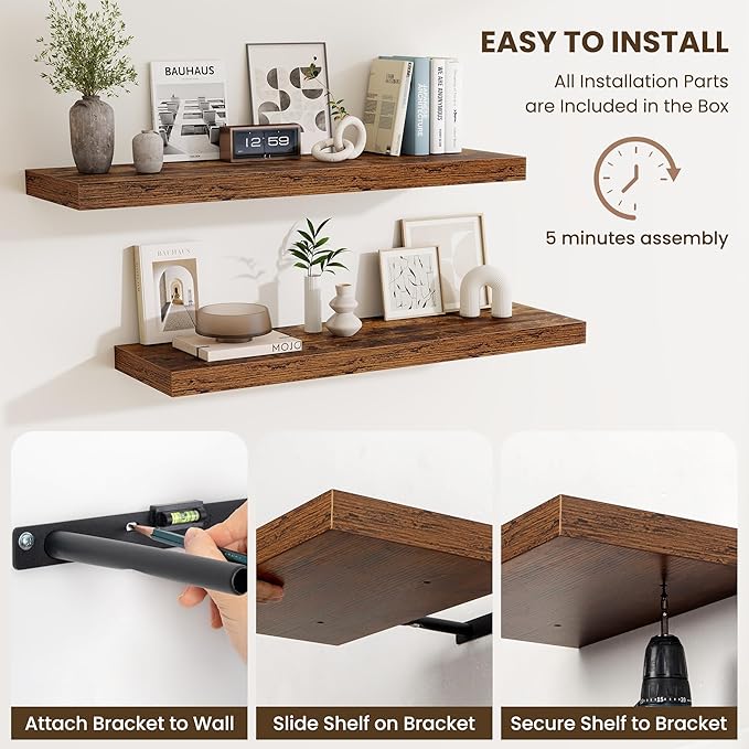 Fun Memories 55 Inch Fireplace Mantel Shelf, 10 Inch Deep Shelves for Display & Wall Storage, Rustic Wood Wall Shelf, Extra Long Floating Shelves for Living Room Laundry Room, Rustic Brown, Set of 1