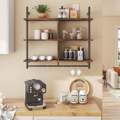 Bestier 41.5" Floating Shelves for Wall 3 Tier Kitchen Shelves Wall Mounted Coffee Bar Shelf Hanging Shelf with 8 Hooks, Industrial Display Pipe Shelving for Kitchen Living Room Bathroom, Rustic Brown
