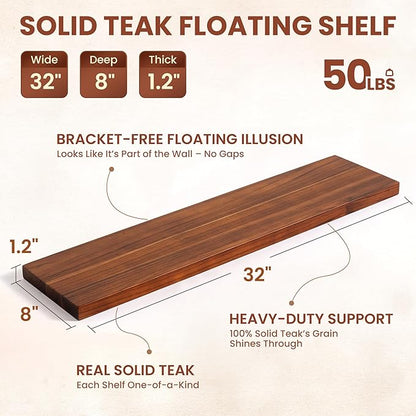 Teak Floating Shelves Set of 2-32 Inch Natural Waterproof Wood Wall Shelves with Invisible Brackets for Bathroom, Kitchen, Balcony - Solid Teak Wood Shelving, Water-Resistant Wall Decor