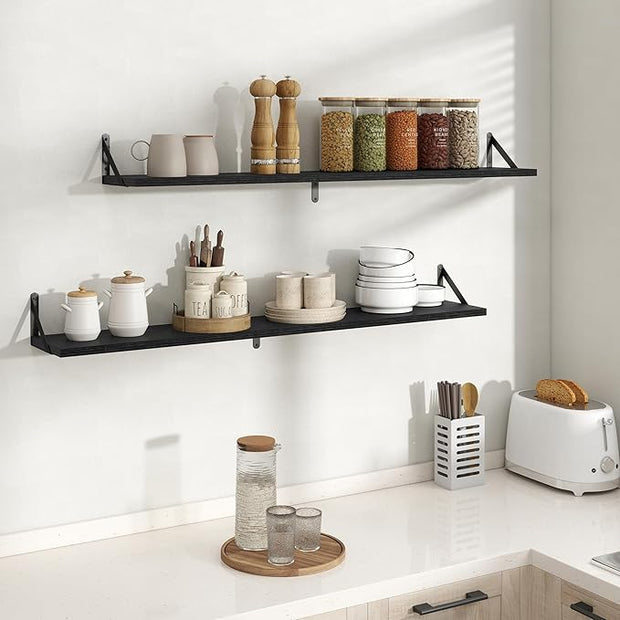 Floating Shelves, 8 Inch Deep Rustic Wood Wall Storage, 48W x 8D Wall Shelves Set of 2, Heavy Duty Metal Brackets, Industrial Book Shelf for Living Room, Kitchen, Bathroom, Bedroom, Black