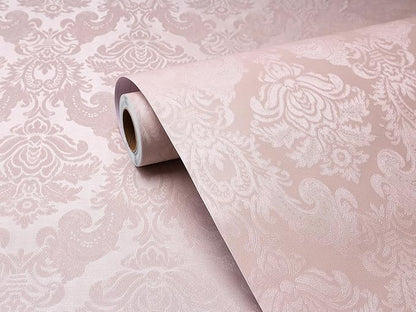 FunStick Vintage Light Pink Wallpaper Peel and Stick Textured Victorian Damask Floral Wall Paper Pink Contact Paper for Cabinets Removable Renter Friendly Wallpaper for Girls Bedroom Walls 15.8"x80"