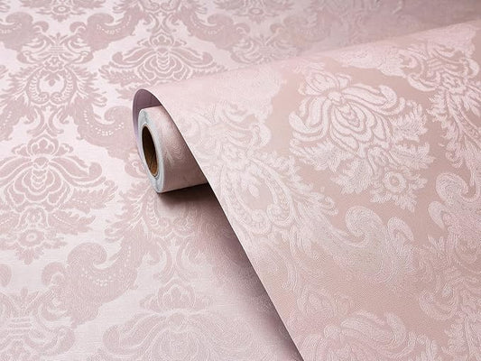 FunStick Vintage Light Pink Wallpaper Peel and Stick Textured Victorian Damask Floral Wall Paper Pink Contact Paper for Cabinets Removable Renter Friendly Wallpaper for Girls Bedroom Walls 15.8"x80"