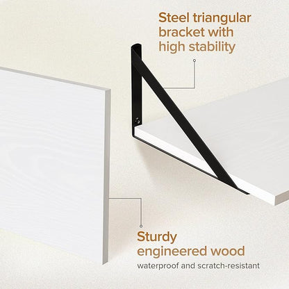 Deep Floating Shelves Wall Mounted, 16"x12" White Wall Shelves with Brackets Set of 2 for Bedroom, Living Room, Bathroom, Kitchen, Office - Storage & Display Shelf for Decor, Books, Plants