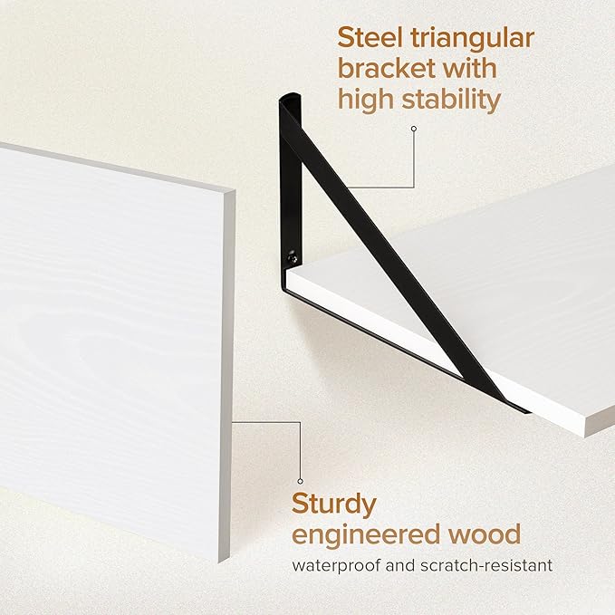 Deep Floating Shelves Wall Mounted, 24"x12" White Wall Shelves with Brackets Set of 2 for Bedroom, Living Room, Bathroom, Kitchen, Office - Storage & Display Shelf for Decor, Books, Plants