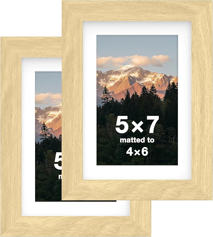 FrameWorks 2-Pack, 5x7 Matted to 4x6 Picture Frame, Natural Oak – Classic Wooden Photo Frame with Tempered Glass, Modern Matte Finish for Prints, Posters, Certificates & Wall Decor – Gallery-Ready
