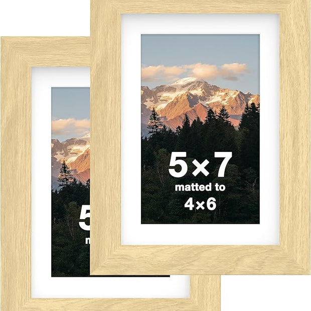 FrameWorks 2-Pack, 5x7 Matted to 4x6 Picture Frame, Natural Oak – Classic Wooden Photo Frame with Tempered Glass, Modern Matte Finish for Prints, Posters, Certificates & Wall Decor – Gallery-Ready