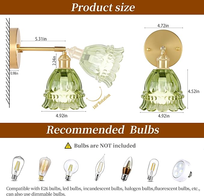 Vintage Battery Wall Sconce with Flower lampshade,Rechargeable Battery Powered Wall Lights,Wall lamp with 15 Colors for Bedroom Living Room Home Decor (Lily Green, 1 Light Battery Operated)