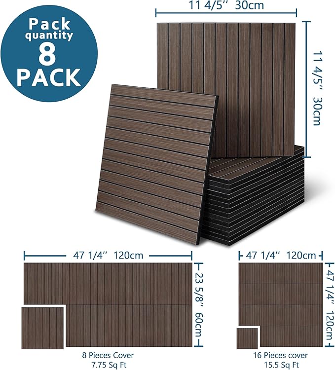 8-Pack Peel and Stick Acoustic Wall Panels, 11.8" x 11.8" PET Soundproof & Noise Cancelling Acoustic Felt, Self-Adhesive 3D Sound Absorbing Slat Wall Paneling for Interior Wall Decor, Walnut