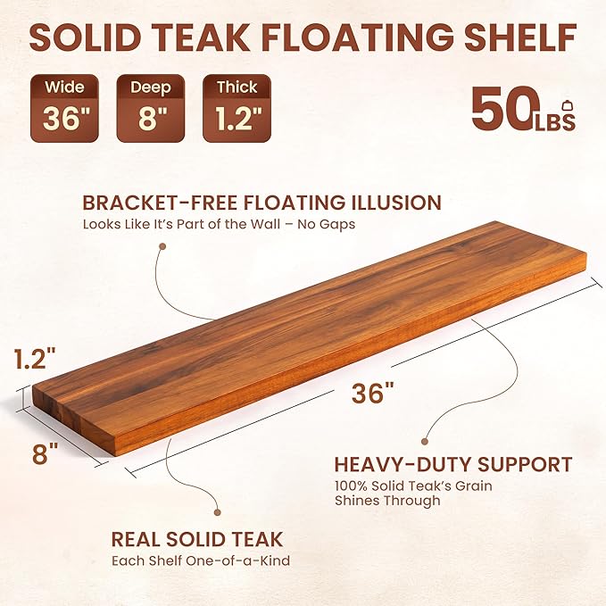 Teak Floating Shelves Set of 2-36 Inch Natural Waterproof Wood Wall Shelves with Invisible Brackets for Bathroom, Kitchen, Balcony - Solid Teak Wood Shelving, Water-Resistant Wall Decor