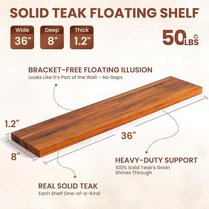 Teak Floating Shelves Set of 2-36 Inch Natural Waterproof Wood Wall Shelves with Invisible Brackets for Bathroom, Kitchen, Balcony - Solid Teak Wood Shelving, Water-Resistant Wall Decor