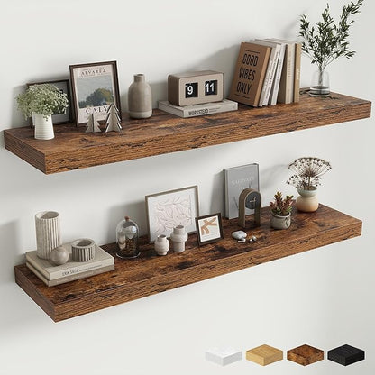 48 Inch Floating Shelves for Wall - 12 Inch Deep Fireplace Mantel Shelf - Wood Floating Shelf for Wall - Large Storage Shelves Wall Mount for Living Room & Bedroom - Rustic Brown - Set of 2