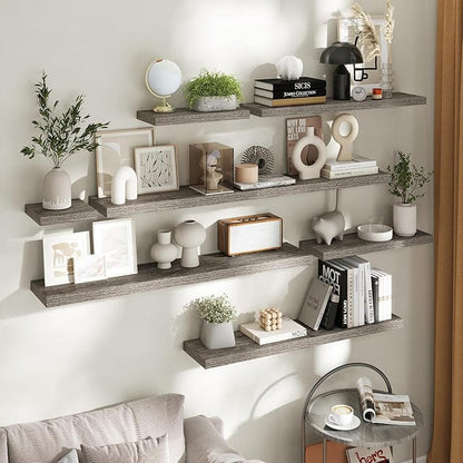 32 Inch Floating Shelves for Wall Set of 2, 8"D Wood Grain Bathroom Shelves with Invisible Brackets, Easy Install Engineered Wood Storage Shelves for Kitchen, Living Room, Bedroom, Grey Oak Finish