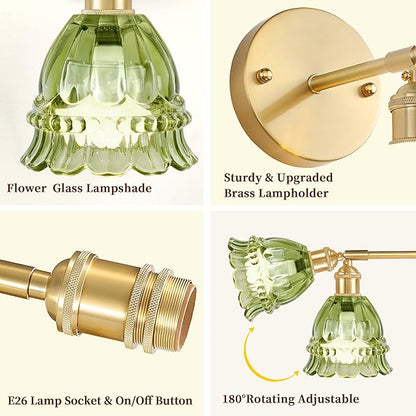 Vintage Battery Wall Sconce with Flower lampshade,Rechargeable Battery Powered Wall Lights,Wall lamp with 15 Colors for Bedroom Living Room Home Decor (Lily Green, 1 Light Battery Operated)