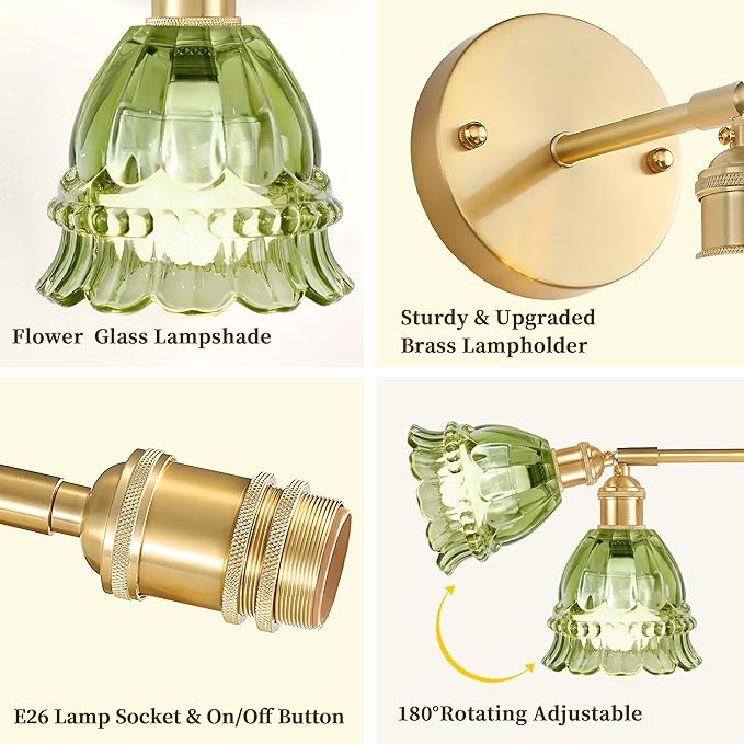 Vintage Battery Wall Sconce with Flower lampshade,Rechargeable Battery Powered Wall Lights,Wall lamp with 15 Colors for Bedroom Living Room Home Decor (Lily Green, 1 Light Battery Operated)