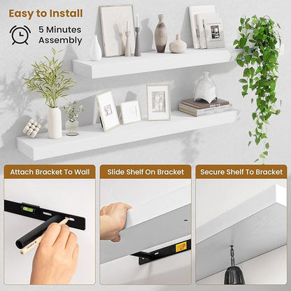 Fun Memories 40 Inch Floating Shelves, Long Wood Wall Shelf Set of 2 with Invisible Brackets, for Bathroom, Living Room, Bedroom, Kitchen, White
