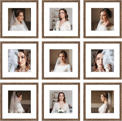 12x12 Picture Frame Set of 9, Display Pictures 8x8 with Mat or 12x12 without Mat, Multi Collage Gallery Square Photo Frames for Wall or Tabletop,Distressed Brown