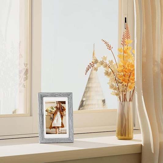 Vittanly 4x6 Picture Frame Set of 4, Display Pictures 3.5x5 with Mat or 4x6 without Mat, Engineered Wood with Shatter Resistant Plexiglass, Small Photo Frames for Wall or Tabletop Display, Grey