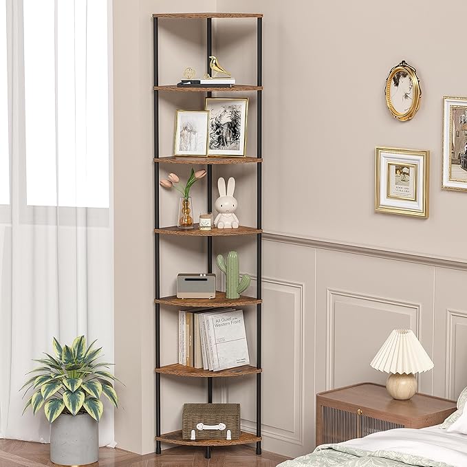 Corner Plant Stand Shelf, 7 Tier Tall Plant Stand for Indoor Plants, Rustic Brown Corner Book Wall Decor Living Room, 64.7