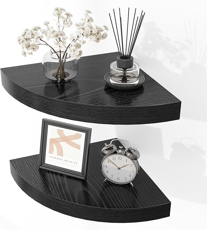 Fun Memories Floating Corner Shelves Set of 2 - Rustic Wood Wall Mounted Storage and Display Shelves for Living Room, Bedroom, Kitchen, Bathroom - Space Saving Home Decor, Black