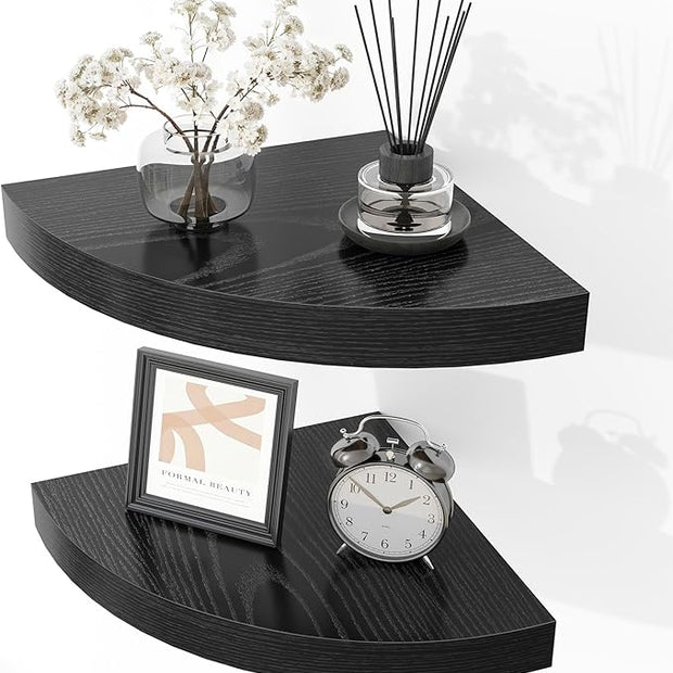 Fun Memories Floating Corner Shelves Set of 2 - Rustic Wood Wall Mounted Storage and Display Shelves for Living Room, Bedroom, Kitchen, Bathroom - Space Saving Home Decor, Black